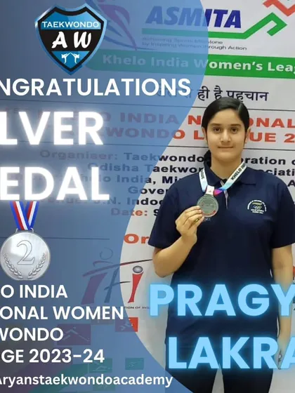 Pragya Lakra showing her Silver Medal from the Khelo India National Women Taekwondo League. A huge achievement for our young athlete.