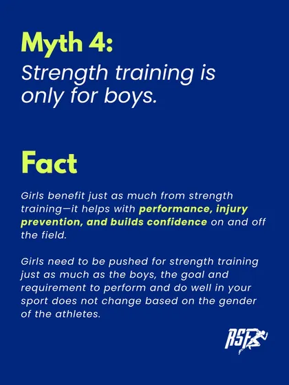 Myth: Strength training is only for boys. Fact: Girls benefit just as much, improving performance, preventing injuries, and building confidence. I ensure all young athletes receive the training they need to excel, regardless of gender.