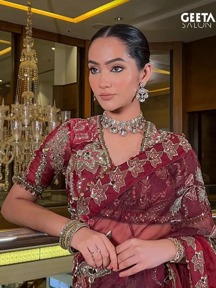 A sophisticated bridal look featuring a stunning diamond choker. The makeup is kept elegant and clean with a sleek hairstyle to ensure the focus remains on the bride and her beautiful jewelry.