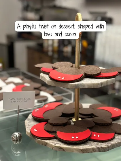 A playful twist on dessert. For a special Disney collaboration, I created these dark chocolate sable cookies in the iconic Mickey Mouse shape.