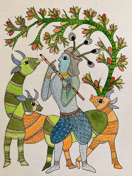 A beautiful Gond artwork depicting Krishna with his cows. The piece captures a sense of peace and divinity, using the distinctive patterns and forms of Gond art to tell a timeless story.