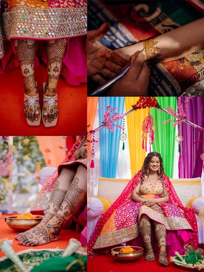 A detail-oriented collage of the bride's mehendi. I focus on capturing the intricate henna art on both her hands and feet, as well as the application process itself.
