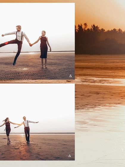 A collage of playful and energetic moments from a pre-wedding shoot, including jumping shots and romantic walks.