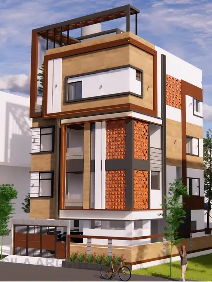 A side-angle view of the Yelahanka duplex elevation, showing how the different materials and structural elements come together to form a cohesive and interesting design.