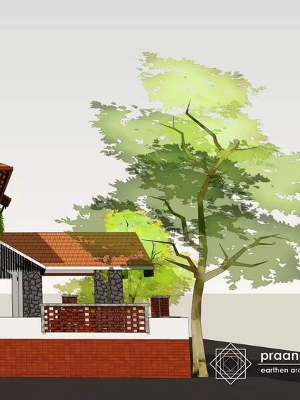 This rendering highlights the relationship between the building and nature. The design for the Harlur house incorporates space for a large tree, ensuring that the home coexists with and respects the existing landscape.