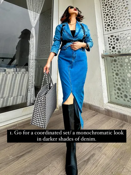 My first tip for styling denim for work: go for a coordinated set or a monochromatic look in a darker shade of denim.
