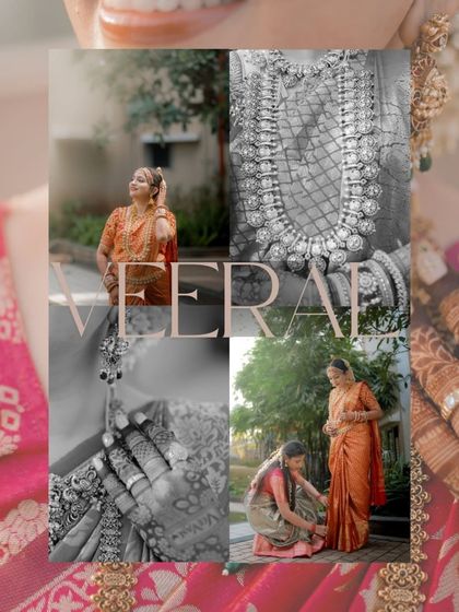 A beautiful collage of a bride named Veera getting ready, highlighting details like her intricate jewelry, mehndi, and the help she receives from family.