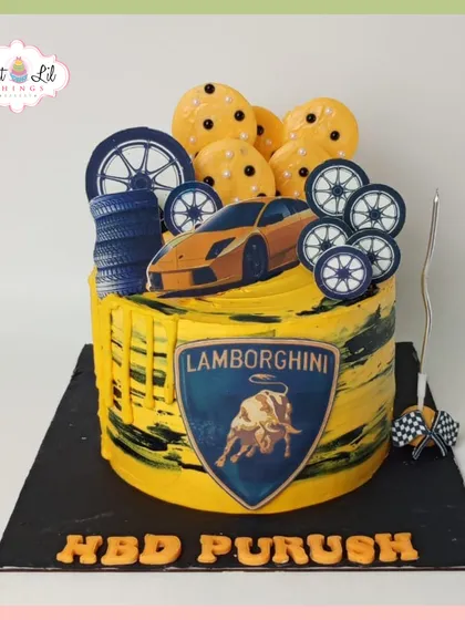 Rev up the celebration with this bold yellow and black Lamborghini-themed cake, perfect for a luxury car enthusiast.