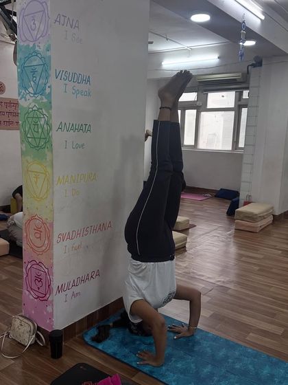 A student practices Pincha Mayurasana (Forearm Stand) against the pillar, using it for balance as she builds confidence in the pose.