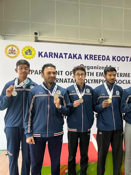 Our Air Pistol men's team proudly displaying their medals from the 2nd Nagaraj Rao shooting competition.