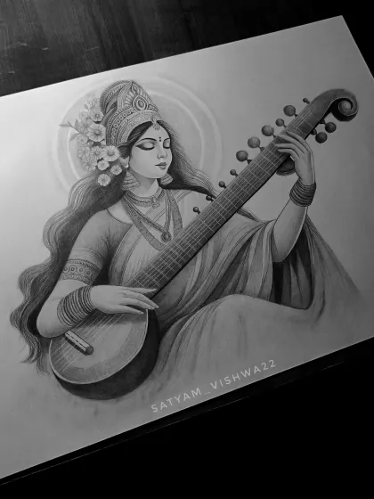 My tribute to Maa Saraswati, the goddess of knowledge and arts. I spent a lot of time on the details of the veena and the peaceful expression on her face, as this sketch is very close to my heart as an artist.