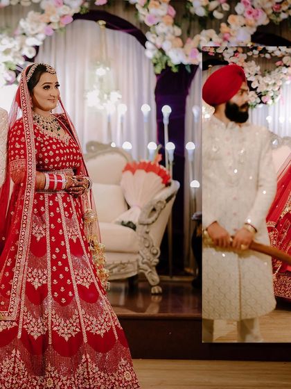 A beautifully composed shot of the bride and groom during their Sikh wedding. The framing creates a sense of looking in on a private, special moment.