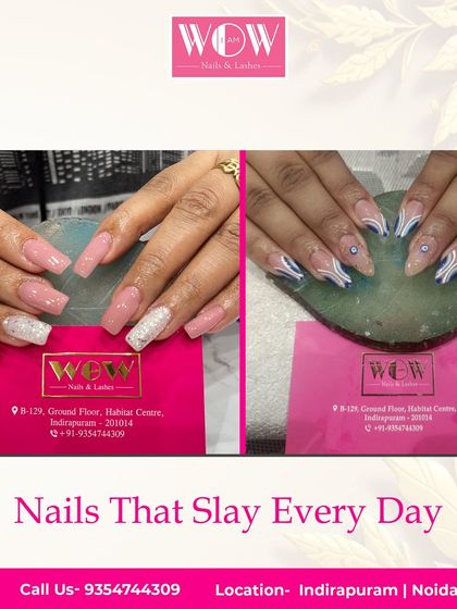 This collage showcases the versatility of our nail extensions, featuring both a simple, elegant glitter set and a more artistic design with abstract swirls.