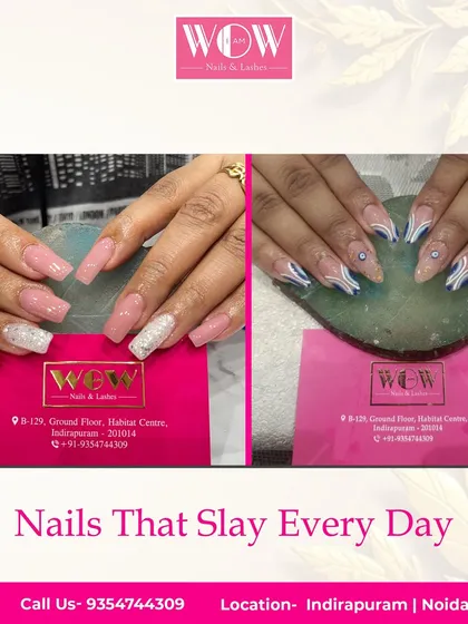 This collage showcases the versatility of our nail extensions, featuring both a simple, elegant glitter set and a more artistic design with abstract swirls.