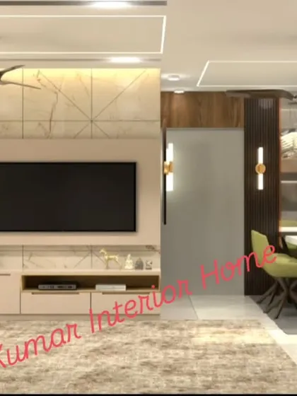 The TV unit is the centerpiece here, featuring a marble-style backdrop and a CNC-cut cabinet. The design cleverly integrates storage with high-end decorative elements.