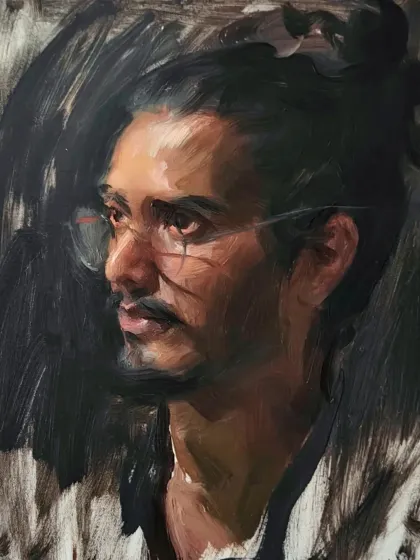 This is a portrait I created during a workshop in Delhi. It's an example of a more painterly style of portraiture, focusing on broad strokes and capturing the essence of the subject's expression.