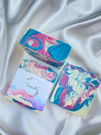 The Green Aqua soap, a beautiful swirl of pink, blue, and white. This bar is part of my clearance sale.