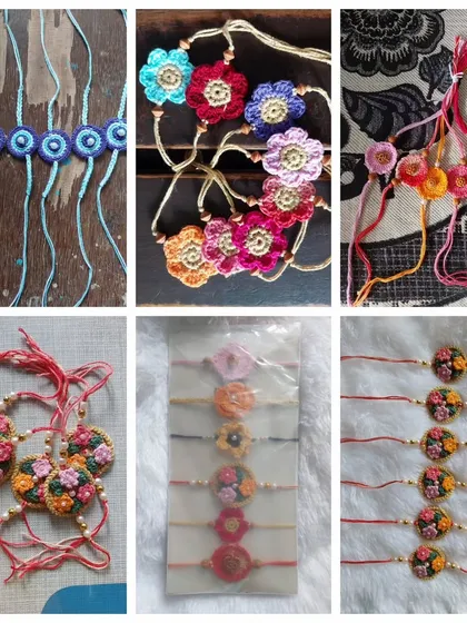 A collage showcasing the variety of custom crochet rakhis I've created for clients.