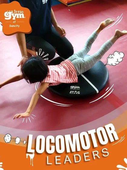 Becoming a "Locomotor Leader." This child works on balance and core control with a stability disc, an exercise that strengthens the muscles needed for running, jumping, and hopping.