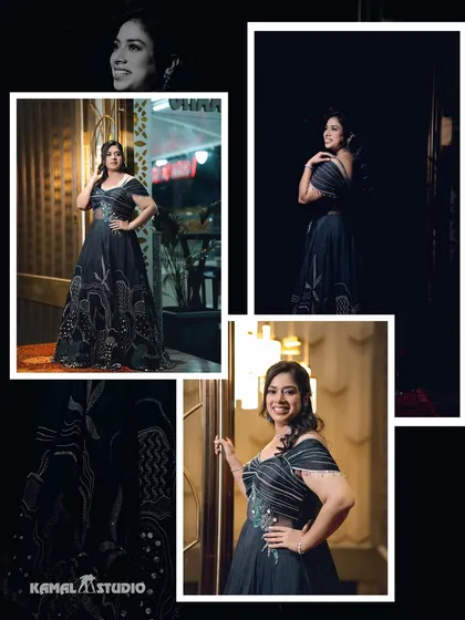 A collection of the bride's portraits, using dramatic lighting to highlight her elegant black gown.