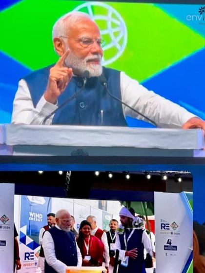 A composite image from Re-Invest 2024, showing both the Prime Minister's address on the main stage and his personal visit to our exhibition. This captures the full scope of our proud participation in this key national event.