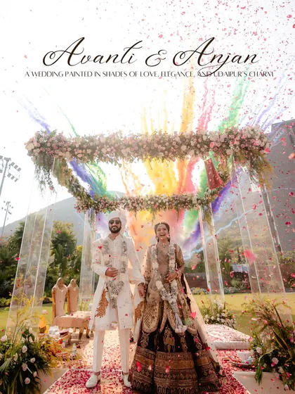 A destination wedding in Udaipur is a whole vibe. We created this epic moment with a burst of color against the palace backdrop, making their varmala feel like a scene from a movie.