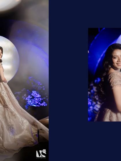 A dreamy portrait from a moon-themed sangeet night. The bride, bathed in blue light, looks ethereal and magical, perfectly matching the celestial decor.