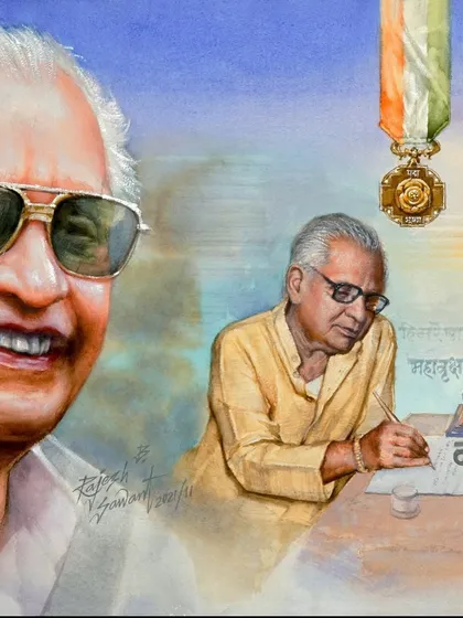 A detail from the Kusumagraj painting, showing him writing, alongside the Jnanpith Award he received.