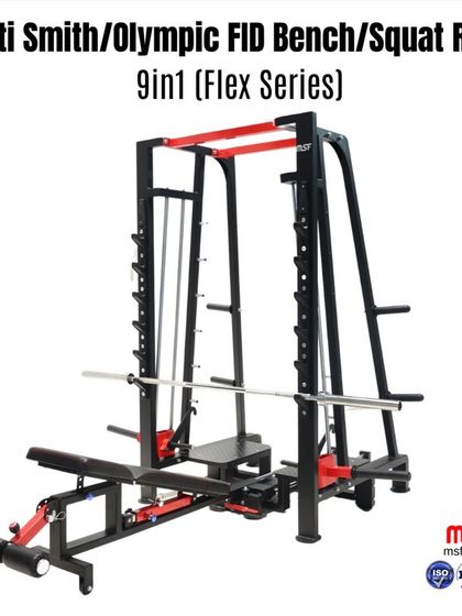 The ultimate all-in-one solution: our 9-in-1 Multi Smith, Olympic FID Bench, and Squat Rack from the Flex Series.