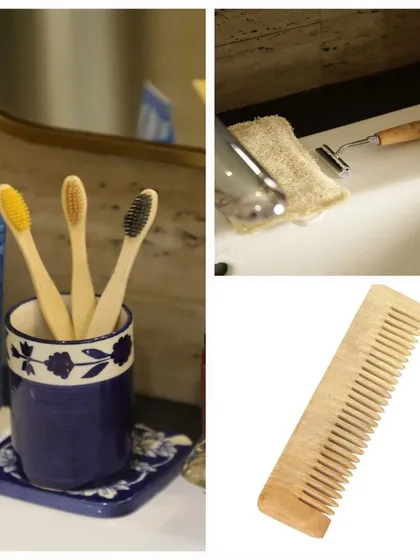 Make simple, impactful swaps in your daily routine with our personal care collection. This set includes bamboo toothbrushes with charcoal bristles, a wooden wide-tooth comb, and a natural loofah with a razor, helping you reduce plastic use in the bathroom.