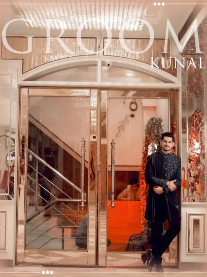 A stylish portrait of the groom, Kunal, at his engagement venue, looking sharp and ready for the celebration.