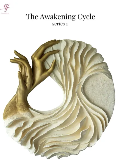This is 'The Awakening Cycle series 1,' a 48-inch diameter piece representing the layered, cyclical nature of transformation. The golden hands symbolize the preciousness of self-awareness on this journey.