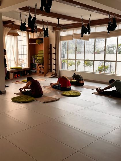 Students in a seated forward fold, the morning sun streaming into the studio.