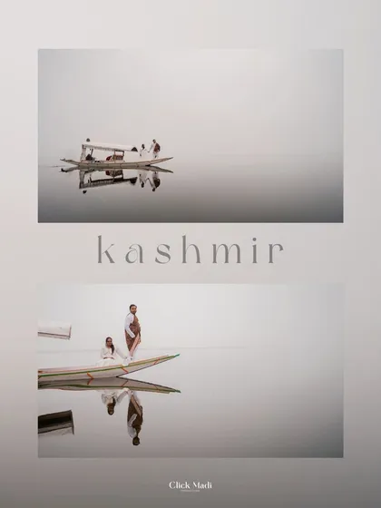 Serene moments on Dal Lake in Kashmir. The calm water and misty background create a dreamy, minimalist setting for this couple's pre-wedding portraits on a traditional Shikara.