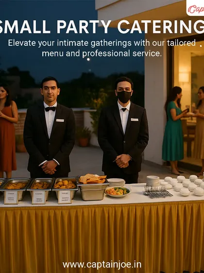 I specialize in turning small gatherings into elegant, memorable events. Here, my professional servers are ready for a terrace party, showcasing a clean setup with chafing dishes and pristine crockery, ensuring your intimate event feels premium.