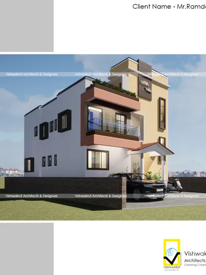 A render of 'Patil's Villa' from a different perspective, showing the relationship between the house, the boundary wall, and the parking area.
