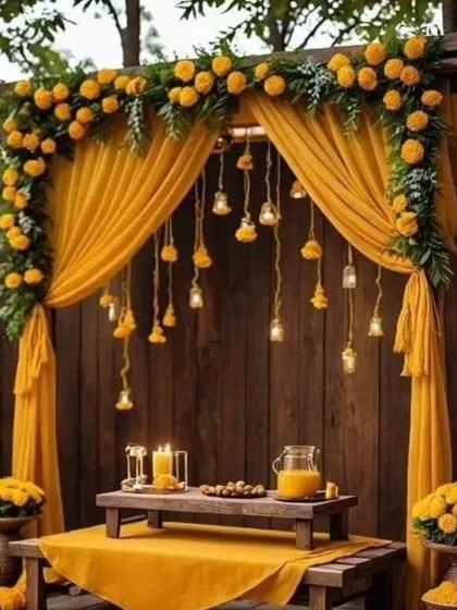 For a rustic-chic vibe, this Haldi decor combines a simple wooden arch with flowing yellow drapes and a mix of marigolds and Edison bulbs.