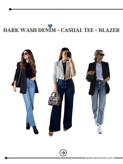 A classic outfit formula that never fails: dark wash denim, a casual tee, and a blazer. This combination is effortlessly chic and can be adapted for both casual and smart casual occasions.