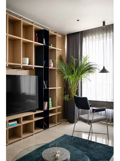 The multipurpose room features a wall of custom-built shelves for books and artwork, with an integrated space for a TV. The light wood veneer is contrasted with a black vertical element for visual interest.