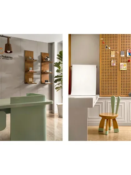 A split view showing the sophisticated reception area on the left and the playful children's corner on the right. The design successfully balances the needs of both adults and children within a single, cohesive space.