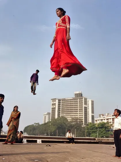 A young woman in a red dress levitates at Marine Drive, Mumbai. Another image from my 'a moment of lightness' series, inserting a sense of wonder into a well-known public space.