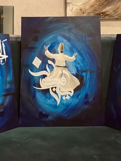 This triptych of acrylic paintings captures the "dance of the soul." It features faceless whirling dervishes set against a deep blue background, intertwined with Arabic calligraphy. This piece was created for a client in the USA.