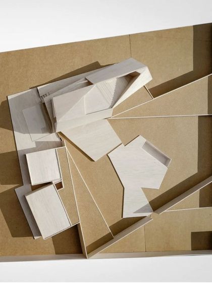 A physical model of the Himayatsagar Lakehouse, showing the unique, angular forms of the building and its relationship to the sloping topography of the site.