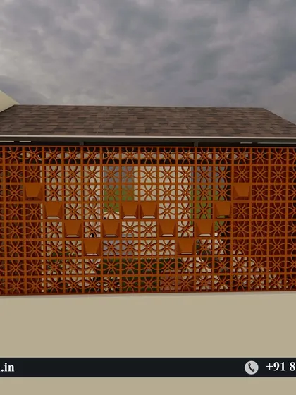 This render details the intricate pattern of the jali brick wall, which includes integrated planters. This demonstrates our ability to incorporate custom, creative features into our privacy screen designs.