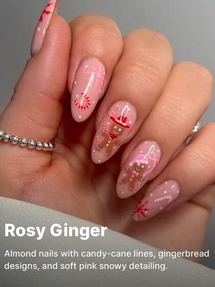 Sweet and festive 'Rosy Ginger' nails, showcasing detailed gingerbread designs, candy-cane lines, and soft pink snowy accents.