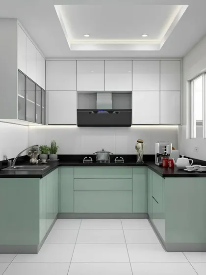 This U-shaped kitchen in a soft mint green offers ample counter space and storage. The high-gloss cabinets and white tiled floor make the space feel bright and spacious, while the false ceiling adds a modern touch.