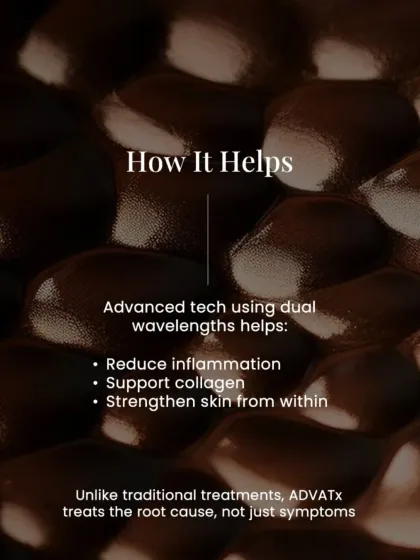 This explains how AdvaTx helps by using its advanced technology to reduce inflammation and support collagen, strengthening the skin from within to treat the root cause of issues.
