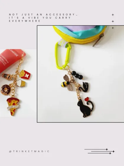 Not just an accessory, it's a vibe you carry everywhere. This image pairs the foodie charm chain with the animal charm chain, showing off different personalities.