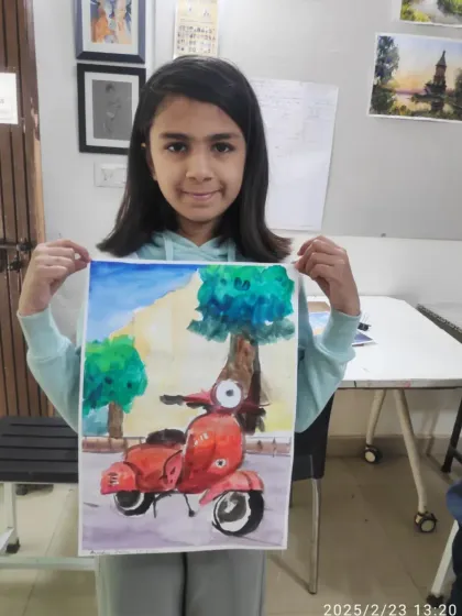 A classic red scooter brought to life with watercolors. This student did a great job capturing the vehicle's form and the surrounding environment.