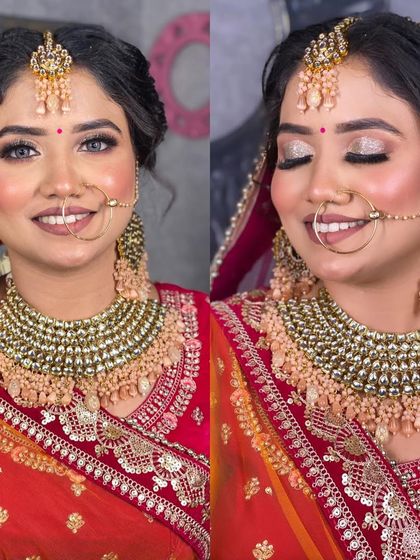 A dual-frame image showing two angles of this beautiful bride. The glittery eye makeup and nude pink lips are highlighted.